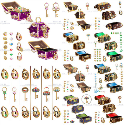 A3488矢量宝藏藏宝盒钥匙珠宝金币宝石花纹图案 AI设计素材