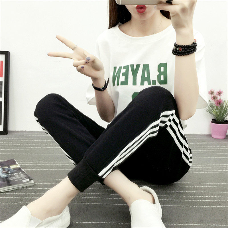 2025春夏百搭弹性系带大码欧美休闲裤哈伦裤卫裤运动裤三条杠女裤