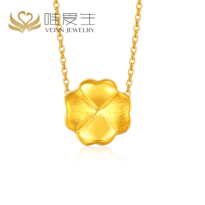 唯爱生黄金项链吊坠女款锁骨链足金四叶草转运珠手链3D硬金送女友