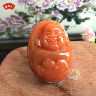 柿子红玉石笑佛雕刻小挂饰项坠 天然川料南红玛瑙弥勒佛吊坠雕件