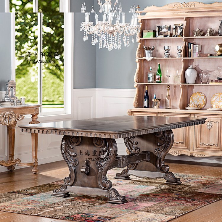 美式欧式实木雕刻长餐桌复古做旧高档奢华别墅餐桌椅样板房家具