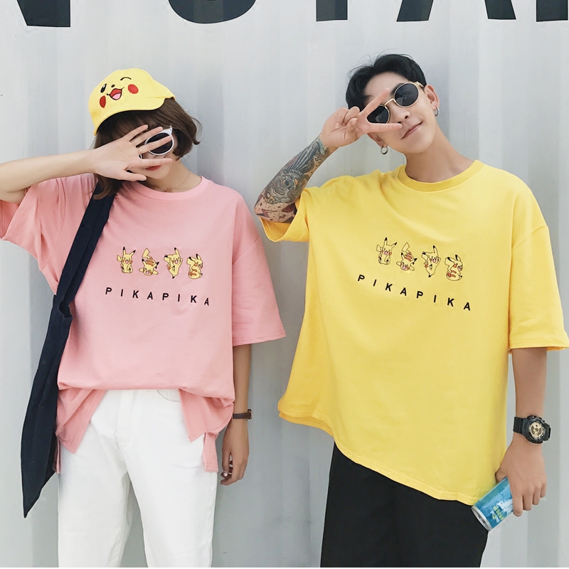 侑模原创趣味皮卡丘卡通刺绣oversize宽松情侣装短袖t恤潮tee夏新