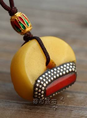 『系石』DIY散珠M25古董鸡油黄老蜜蜡不丹宫廷款镶珊瑚饼子项钏