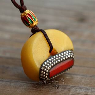 『系石』DIY散珠M25古董鸡油黄老蜜蜡不丹宫廷款镶珊瑚饼子项钏