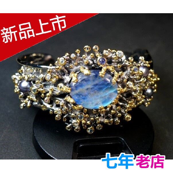异域风情系列泰国进口纯银镀金月光石满天星大手镯女玉钻时尚特价