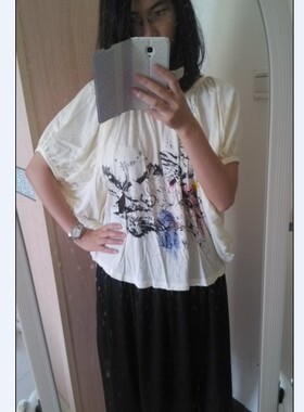 cofie_shop淡黄渲染花色蝙蝠袖上衣T恤(实物拍摄)