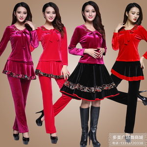 中老年春秋金丝绒广场舞服装新款套装裙子套裙舞蹈服装成人跳舞衣