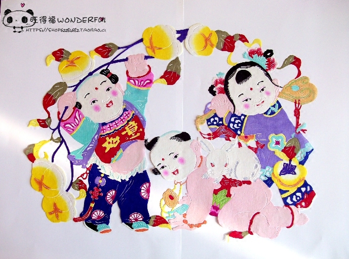 杨柳青年画娃娃款蔚县剪纸9 手工刻 宣纸染色 事事(柿柿)如意