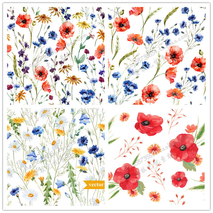 a2032矢量唯美水彩花朵花丛菊花罂粟四方连续背景图 ai设计素材