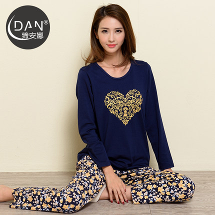 缔安娜睡衣女长袖纯棉 心形圆领家居服秋天女