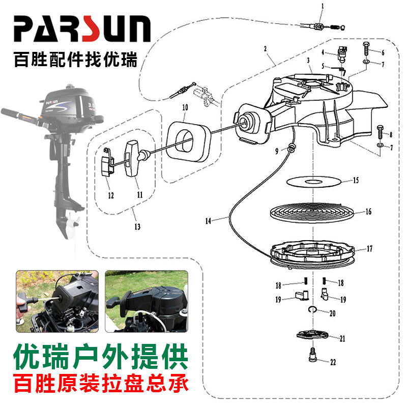 百胜船外机 舷外机 发动机马达二四冲程手拉启动拉盘总承原装配件