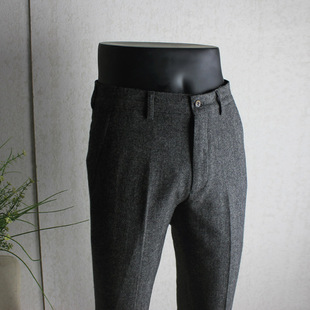 脊椎动物秋冬日系复古人字条纹粗纺羊毛呢修身西裤英伦风长裤男