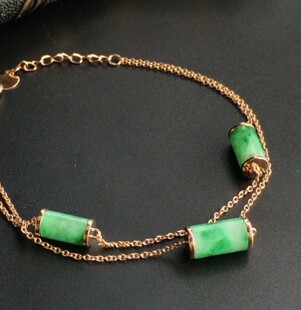 正品天然A货满绿翡翠手链阳绿路路通镶嵌18K玫瑰金手链手镯手串