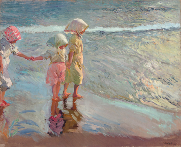 华金索罗拉油画海滩上的三姐妹外光派画家复制品joaquinsorolla