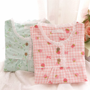 长袖公主睡裙 纯棉双层纱布草莓家居裙 春夏薄款女士家居服睡衣