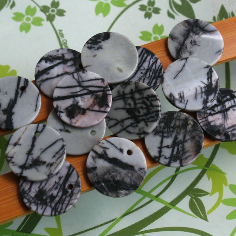 20mm天然网络石圆片 单孔/无孔 双平 diy耳饰品耳钉环配件