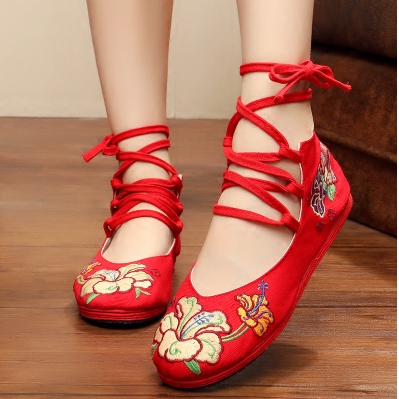 千层底绣花鞋 大红婚鞋北京平跟布鞋民族风布底鞋刺绣女单鞋包邮