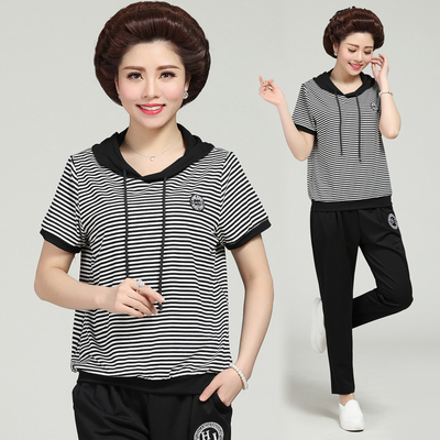 中老年女装运动服套装条纹短袖连帽t恤两件套中年妈妈装夏装宽松