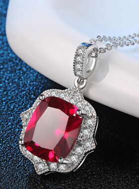红宝石项坠女潮流日韩彩色宝石吊坠纯银镀18k金镶嵌彩宝珠宝首饰