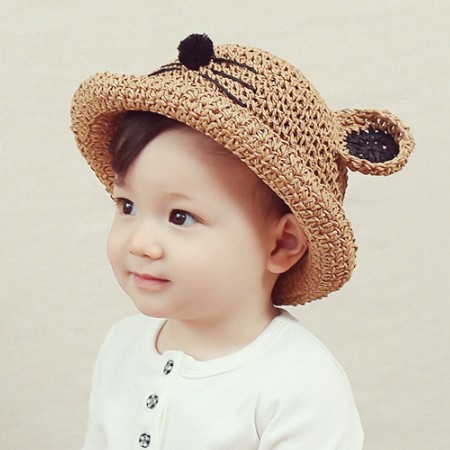 现货韩国宝宝草帽进口童装夏季婴幼儿童猫咪耳朵沙滩太阳遮阳帽子