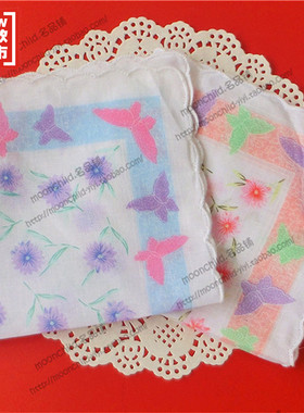 清新蝴蝶手绢月牙边老人纯棉女士儿童印花手帕复古款经典怀旧