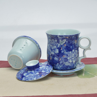 台湾建窑茶具陶瓷茶具富贵牡丹四件组过滤办公杯3342杯马克杯茶杯