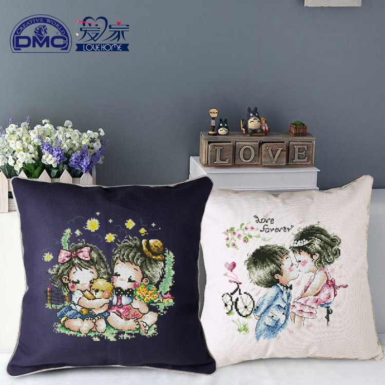 十字绣新款抱枕 结婚沙发靠垫 DMC印花 动漫卡通 小情侣系列 4选1