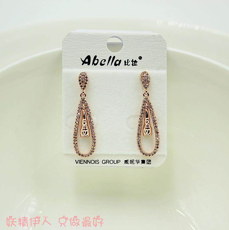 威妮华比拉玫瑰金色奢华小口红满天星水滴耳环耳钉防过敏新款