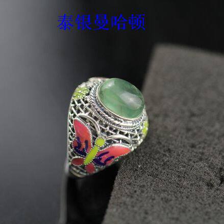 泰银925纯银手工曼谷正品原创珐琅天然葡萄石【蝴蝶】活口女戒