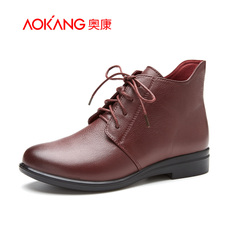 Aokang shoes autumn 2015 new leather flat ankle boots with round head women's lace short tube of England women boots