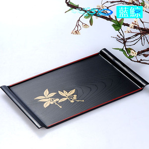 蓝鲸日式长方形塑料木纹印花小托盘茶杯茶托盘防滑食品茶楼用品