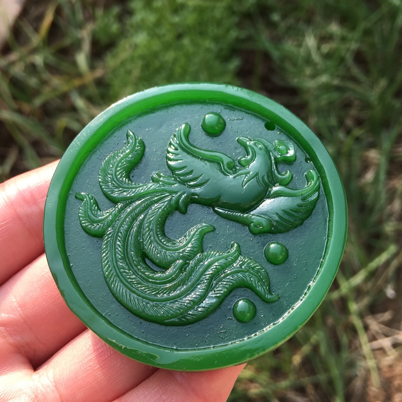 仿和田碧玉浴火凤凰玉佩转运护身男女款菠菜绿朱雀项链送证书