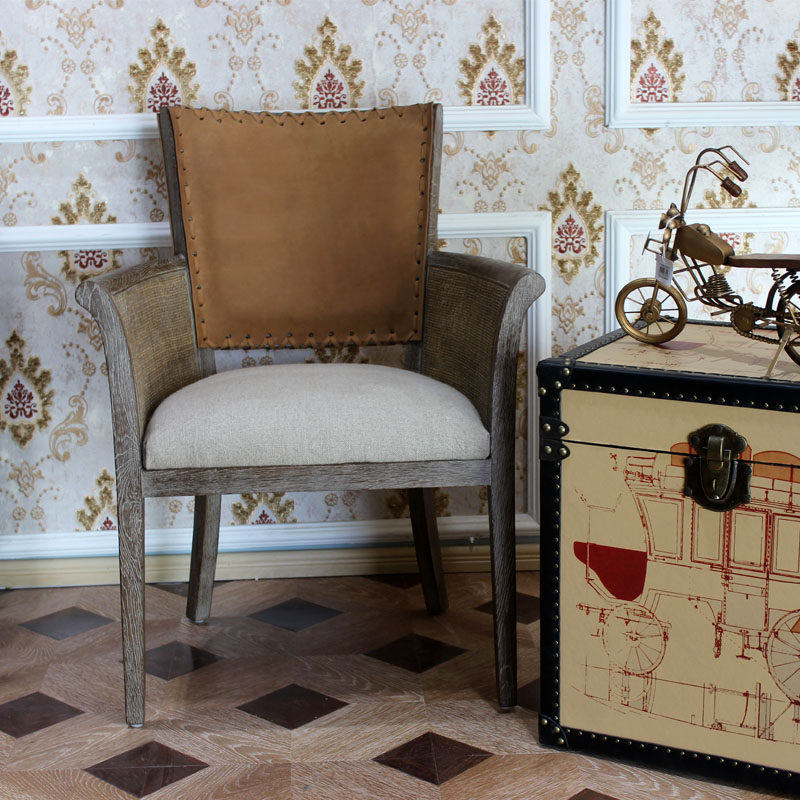 美国Rh家具椅子法式乡村复古实木橡木扶手餐椅美式简约牛皮办公椅