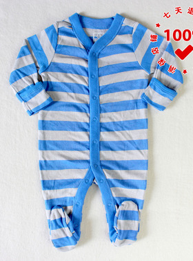 正品OLD NAVY老海军蓝灰条纹婴幼儿连体衣长款包屁爬服纯棉哈衣