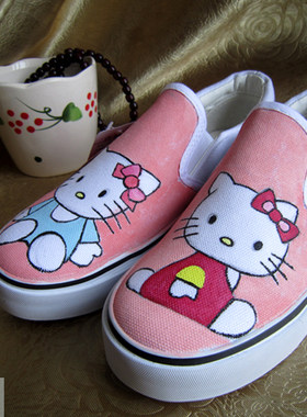 原创手工绘画纯手工手绘女帆布板鞋hallo kitty猫咪图案特价免邮
