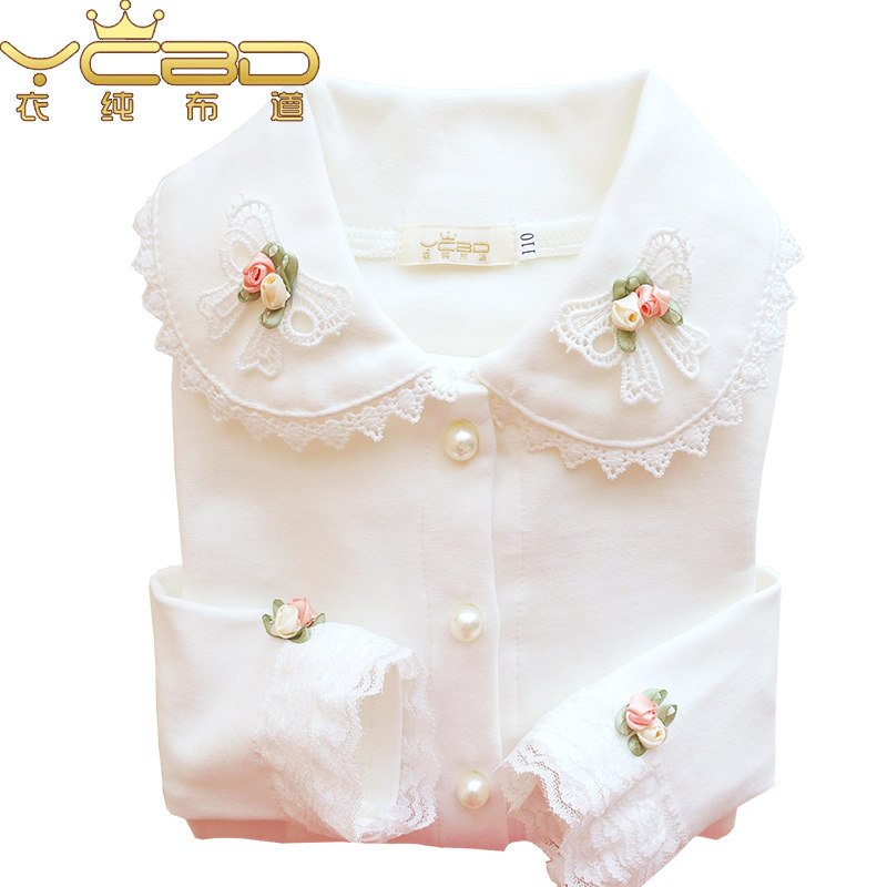 girl white Doll collar Base coat Spring and autumn season princess children Child pure cotton Knit shirts 2020 Autumn Topsin the Children/Baby/Family fitted , Shirt  category - from Buy2taobao.com to provide professional Taobao agent buy service