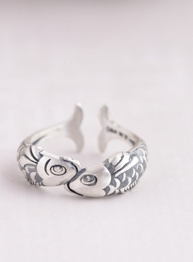 复古泰银小金鱼优雅女款开口戒指