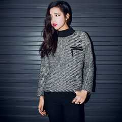 QUEENZZ Europe and the socialite winds fall/winter 2014 new half-Korean women sweater high neck chest pocket #