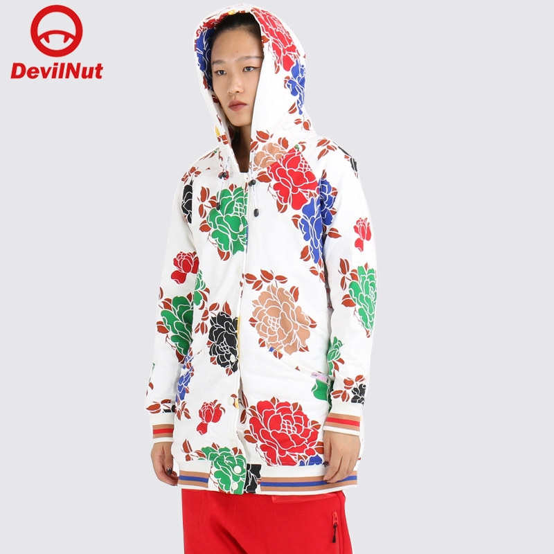 DEVIL NUT潮牌恶魔排扣白色牡丹迷彩女式棉服卫衣 PARTY AFV