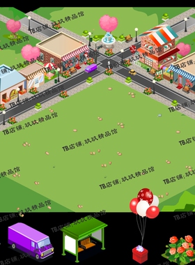 falsh 矢量游戏 小镇俯视图 月季花小房子气球街道场景素材文件