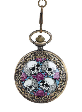 大号古铜色陶瓷面花骷髅怀表 古典紫色花四个骷髅鬼头石英怀表