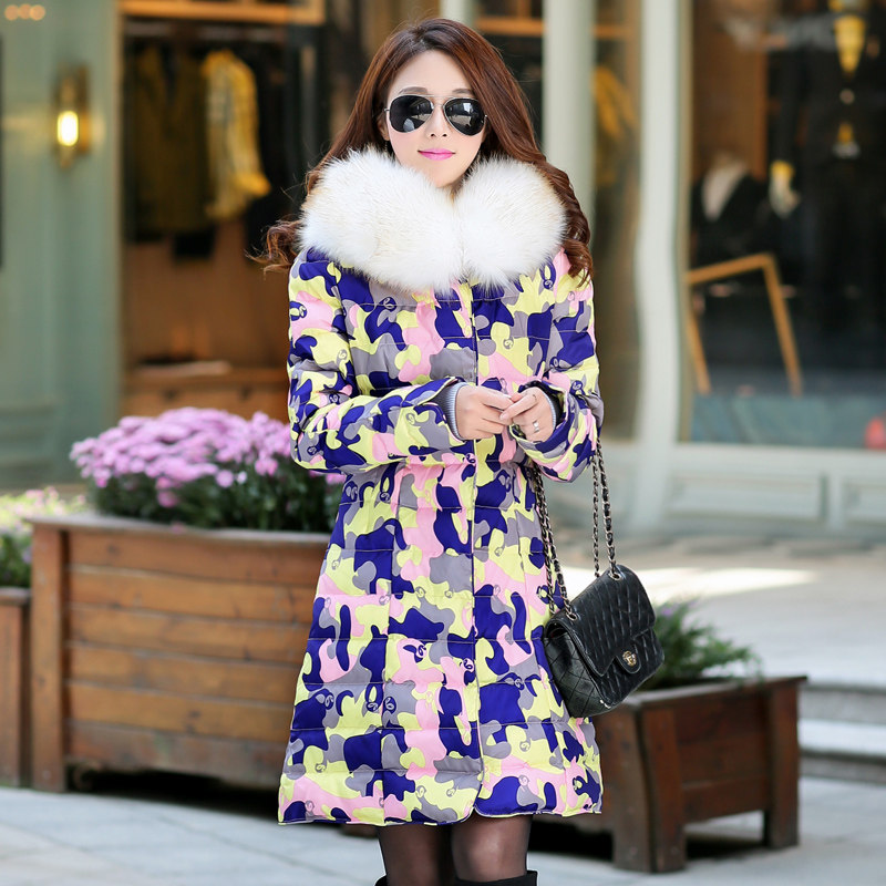 2018新款韩版迷彩羽绒服女装中长款加厚修身大毛领时尚印花外套潮在类目 女装/女士精品, 羽绒服中 - 来自Buy2taobao.com提供专业的淘宝代购服务