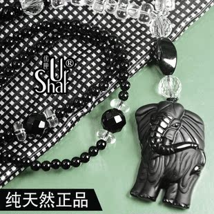 天然黑曜石大象小象吊坠 长款项链 幸运宝石纯黑玛瑙白水晶毛衣链