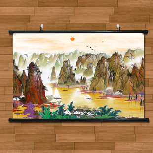 客厅装 饰画艺术布料国画玄关中国风水墨画山水风景画挂轴画有框画