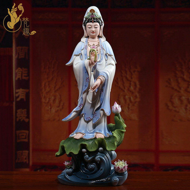 镇宅立莲渡海观音菩萨像 纯手工彩绘 镇宅供奉观世音菩萨佛像摆件