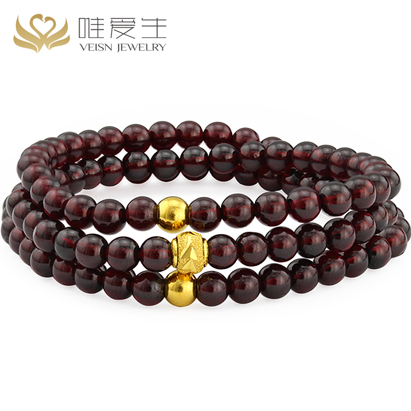 唯爱生黄金石榴石手链女款珠宝首饰水晶转运珠手串多圈足金路路通