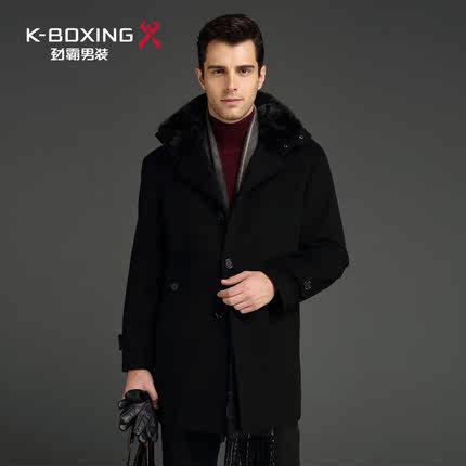 劲霸冬装中长版毛皮服双层领青年休闲羊毛呢大衣|FPZX4237