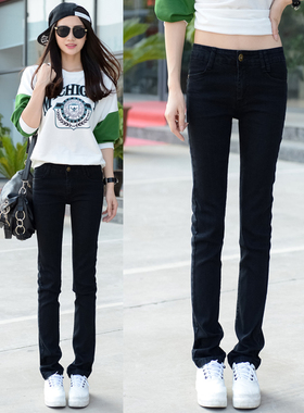 中腰窄版女春秋黑色弹力直筒牛仔裤时尚新款烟管修身显瘦百搭长裤