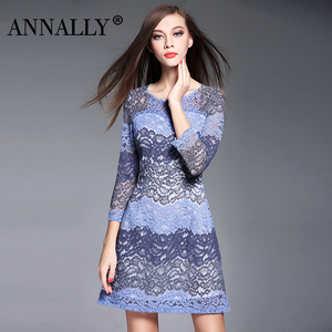 Annally秋装新款女装 通勤时尚优雅修身气质九分袖蕾丝连衣裙
