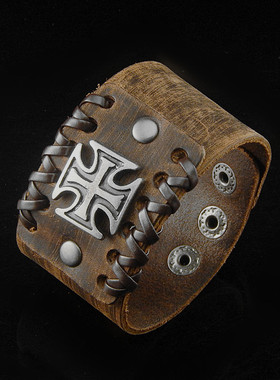 复古银色合金十字架棕牛皮柔软朋克手链男女饰品手镯霸气超宽手环